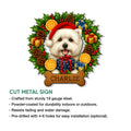Westie holiday metal sign shown in a product feature graphic with a festive dog portrait and bone-shaped design