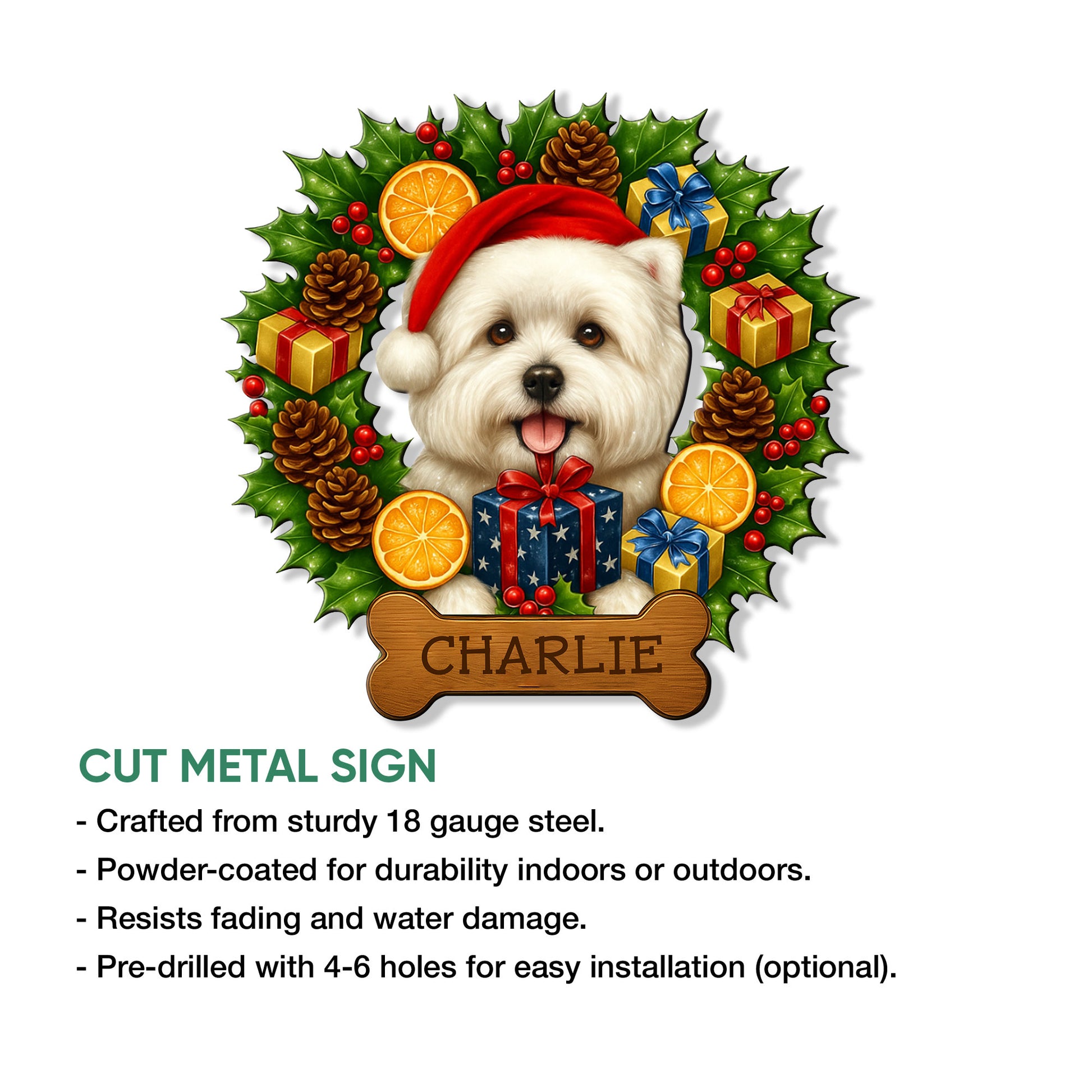 Westie holiday metal sign shown in a product feature graphic with a festive dog portrait and bone-shaped design