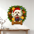 Festive Westie wall sign displayed on a white paneled wall with holly, presents, pinecones, and oranges