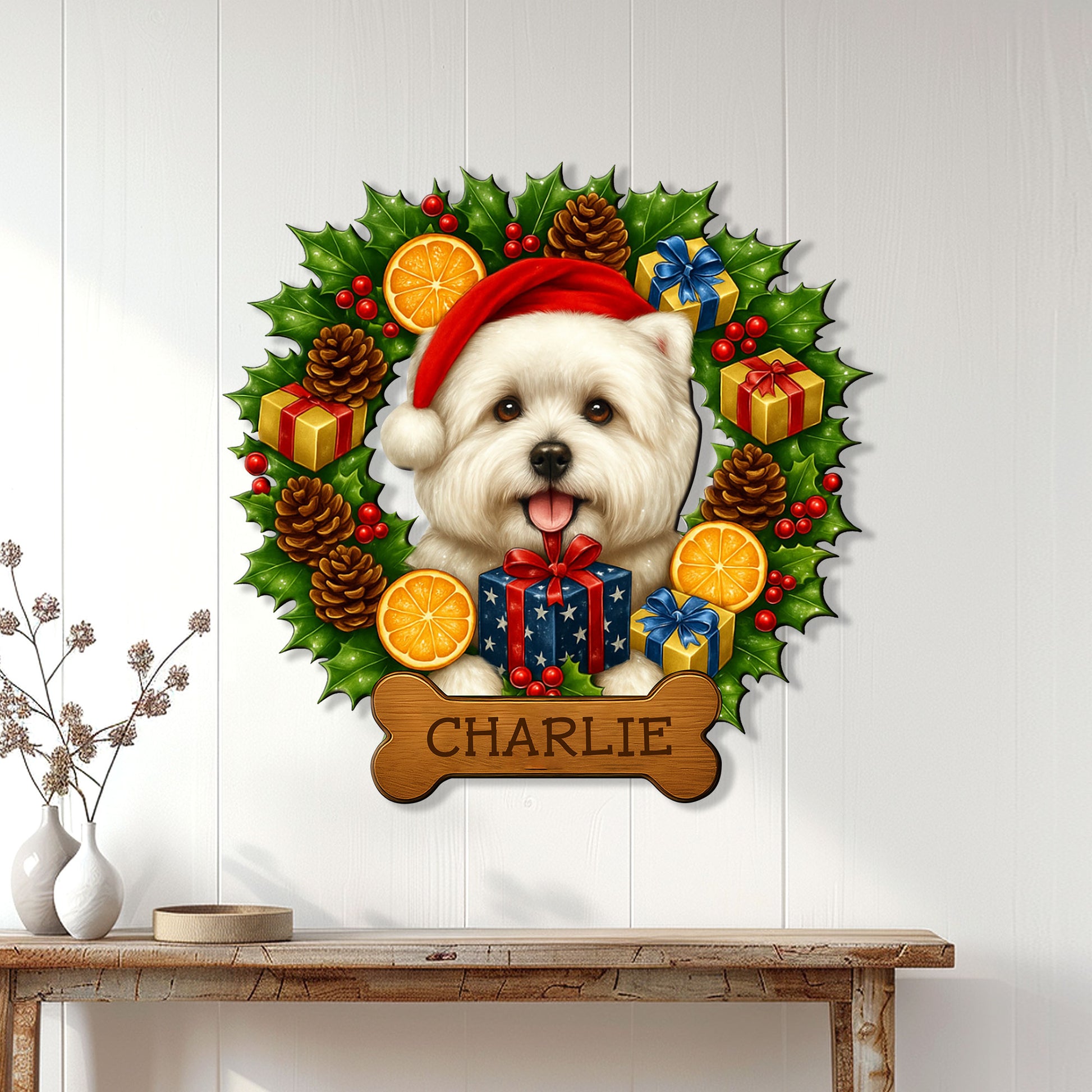 Festive Westie wall sign displayed on a white paneled wall with holly, presents, pinecones, and oranges