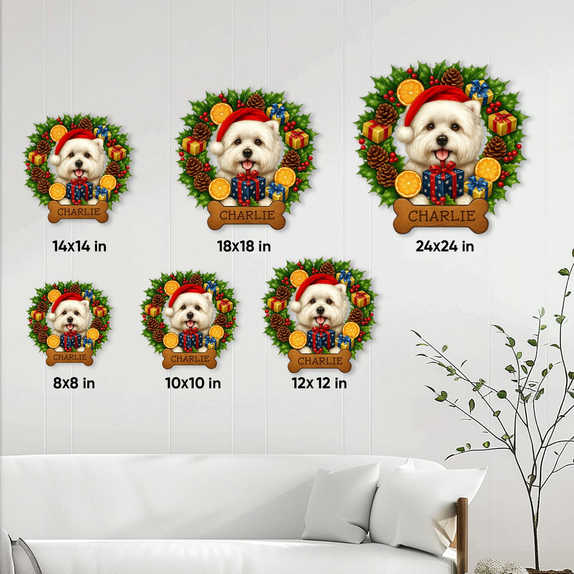 Westie Christmas metal sign size guide showing available 8x8, 10x10, 12x12, 14x14, 18x18, and 24x24 inch options
