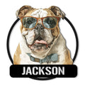 Custom English Bulldog metal sign featuring a realistic bulldog portrait wearing oversized sunglasses