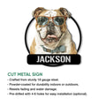 English Bulldog metal sign displayed with a cut-metal sign feature information guide