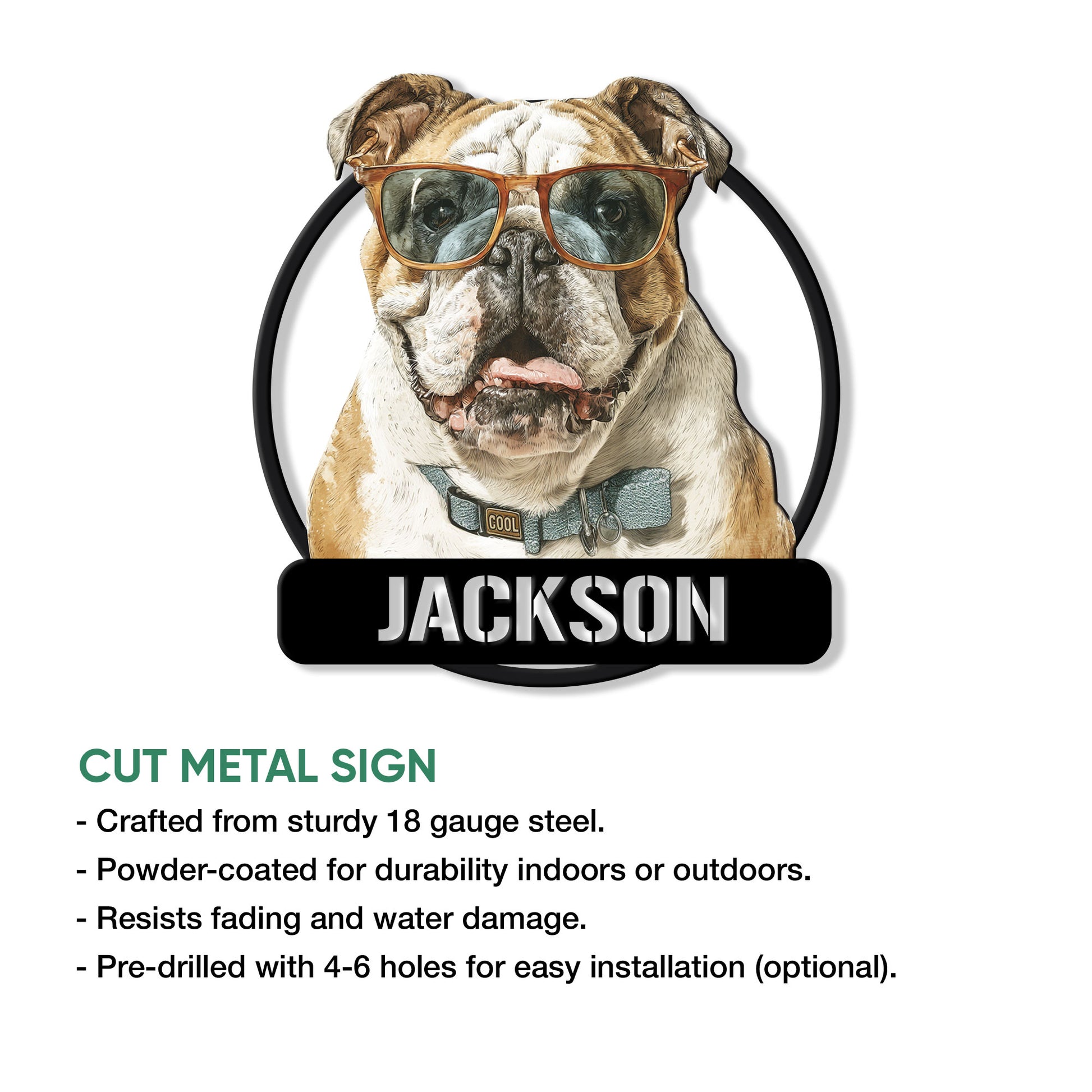 English Bulldog metal sign displayed with a cut-metal sign feature information guide