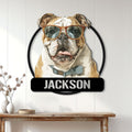 English Bulldog wall sign with a sunglasses-wearing bulldog displayed in a bright home entryway