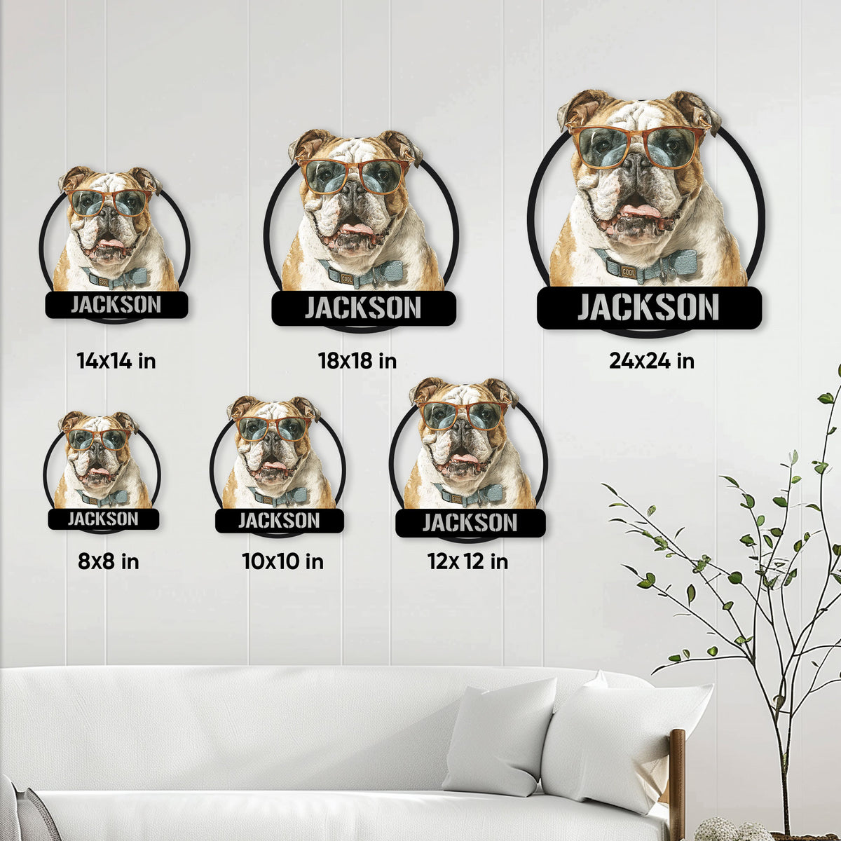 English Bulldog metal sign size guide showing available 8 to 24 inch square dimensions
