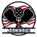 Custom pickleball metal sign featuring crossed paddles, a pickleball, and an American flag-inspired background