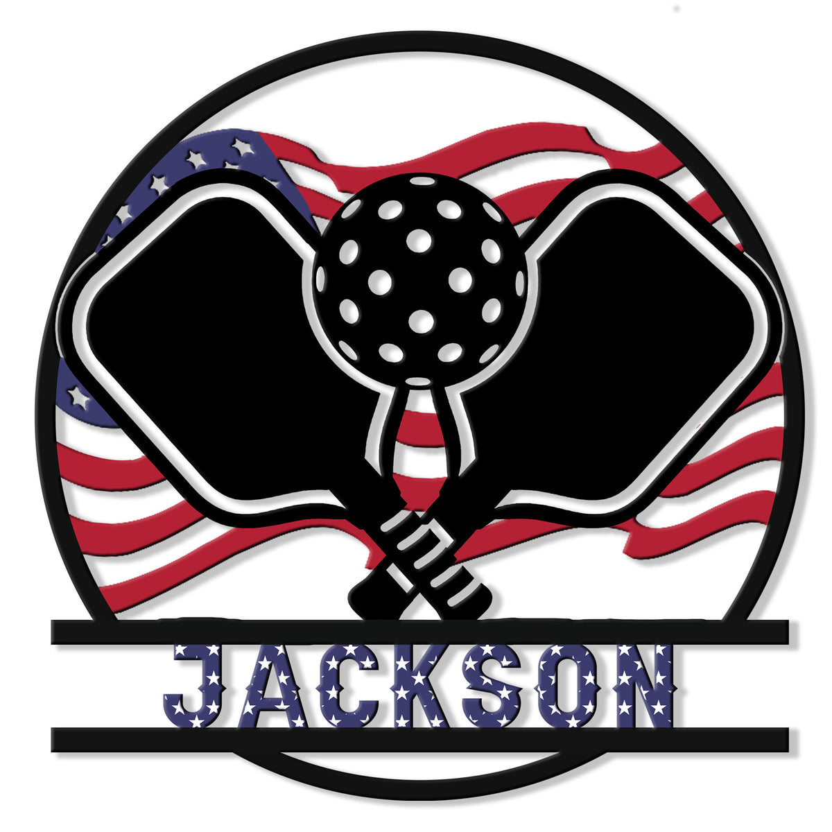 Custom pickleball metal sign featuring crossed paddles, a pickleball, and an American flag-inspired background