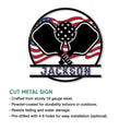 Pickleball metal sign product infographic featuring crossed paddles, a ball, and cut metal sign details