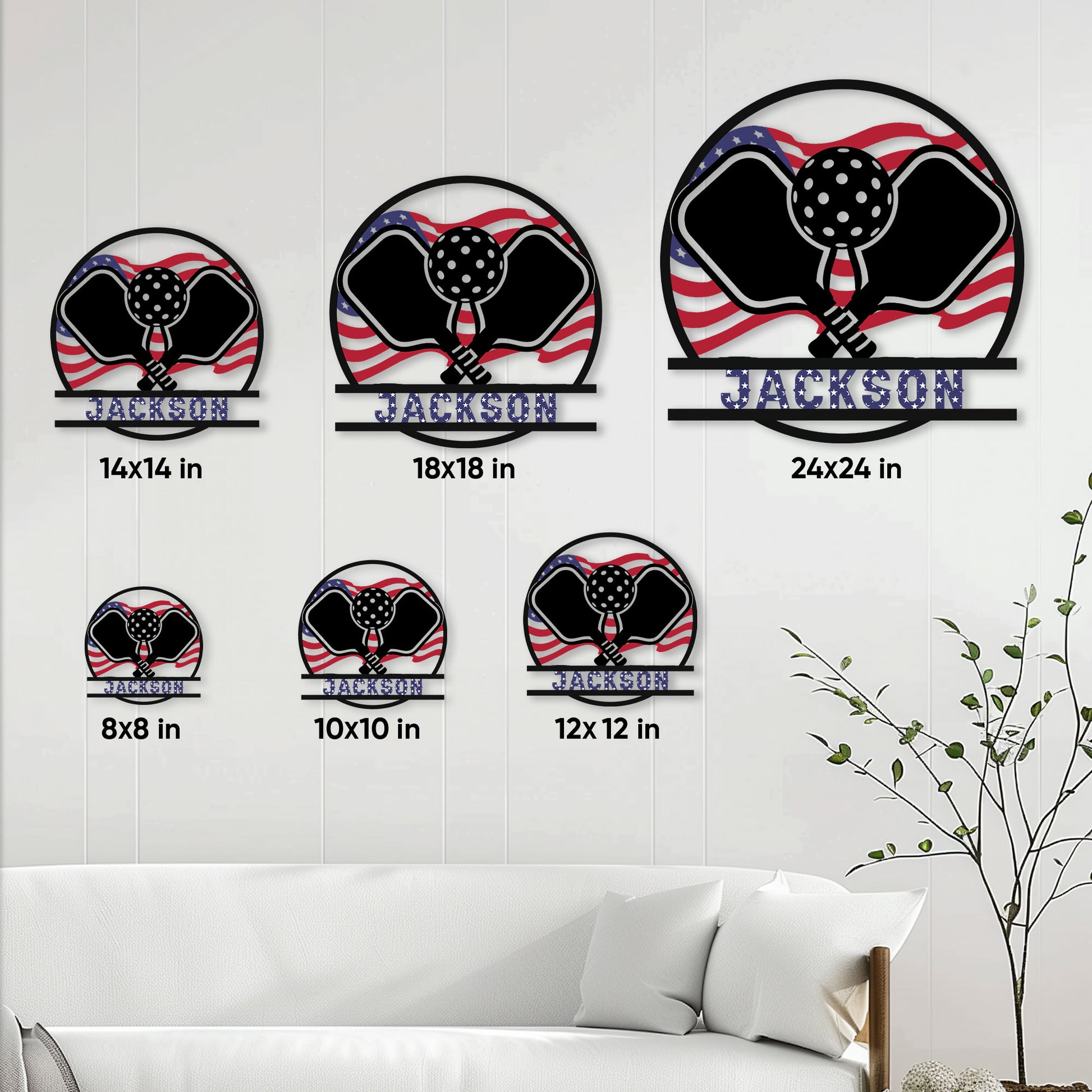 Pickleball metal sign size guide showing six available square size options in a home decor setting