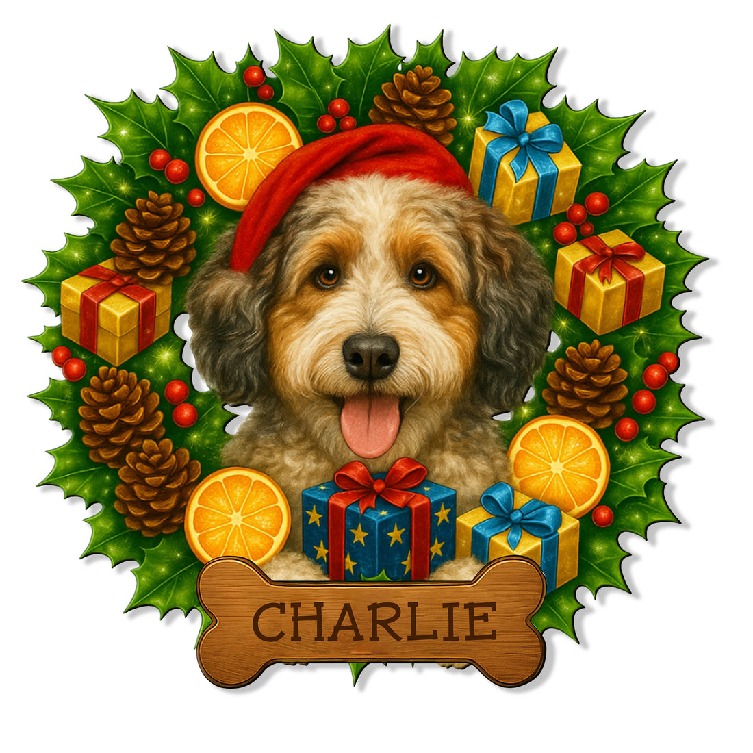 Aussiedoodle Christmas metal sign featuring a festive dog portrait, holly leaves, gifts, pinecones, and oranges