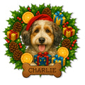 Aussiedoodle Christmas metal sign featuring a festive dog portrait, holly leaves, gifts, pinecones, and oranges