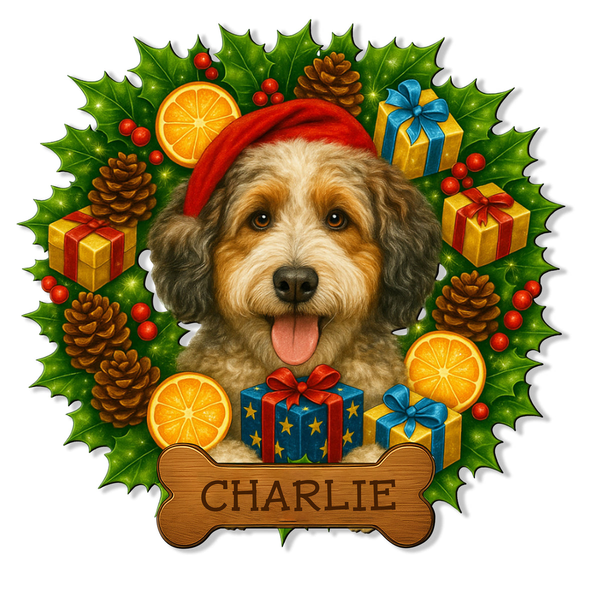 Aussiedoodle Christmas metal sign featuring a festive dog portrait, holly leaves, gifts, pinecones, and oranges