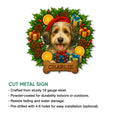Aussiedoodle holiday metal sign shown with a festive dog design and product feature infographic