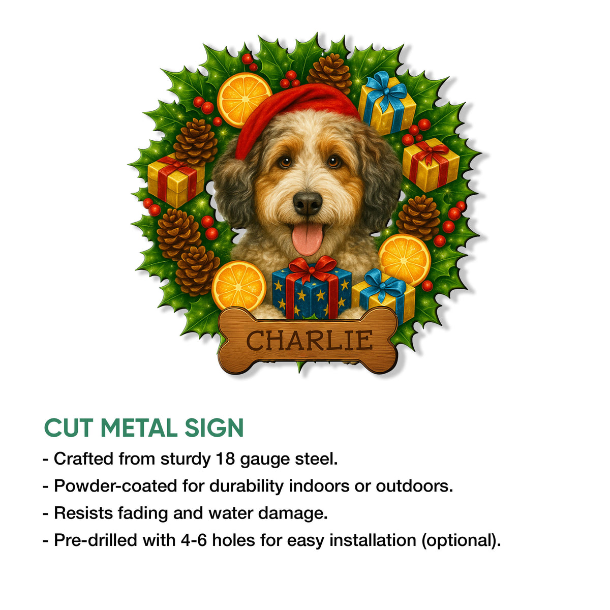 Aussiedoodle holiday metal sign shown with a festive dog design and product feature infographic