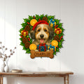 Aussiedoodle Christmas wall sign displayed on white paneling above a console table
