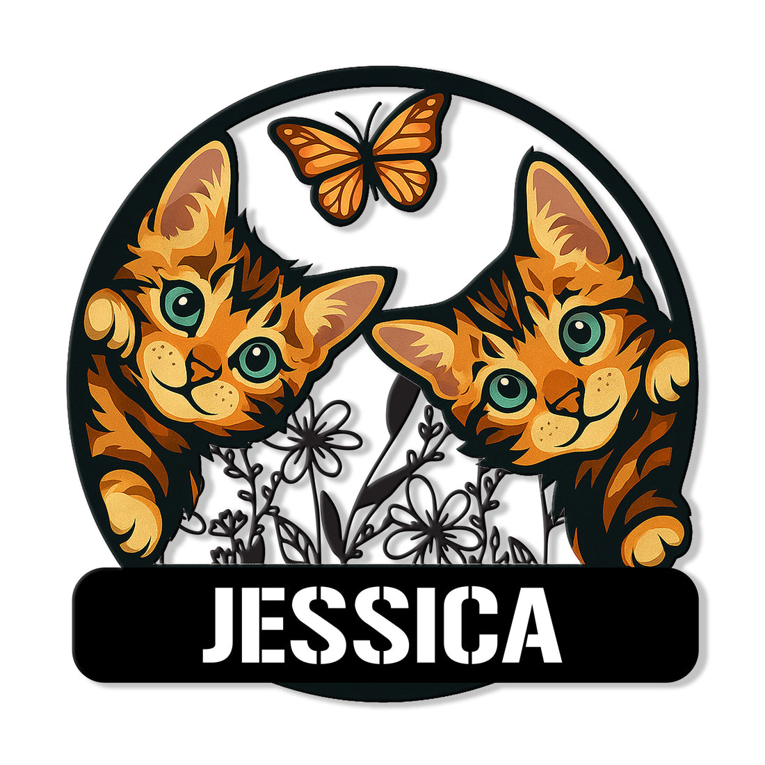 Custom Bengal cat metal sign featuring two orange spotted cats, a butterfly, and floral accents