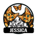 Custom Bengal cat metal sign featuring two orange spotted cats, a butterfly, and floral accents