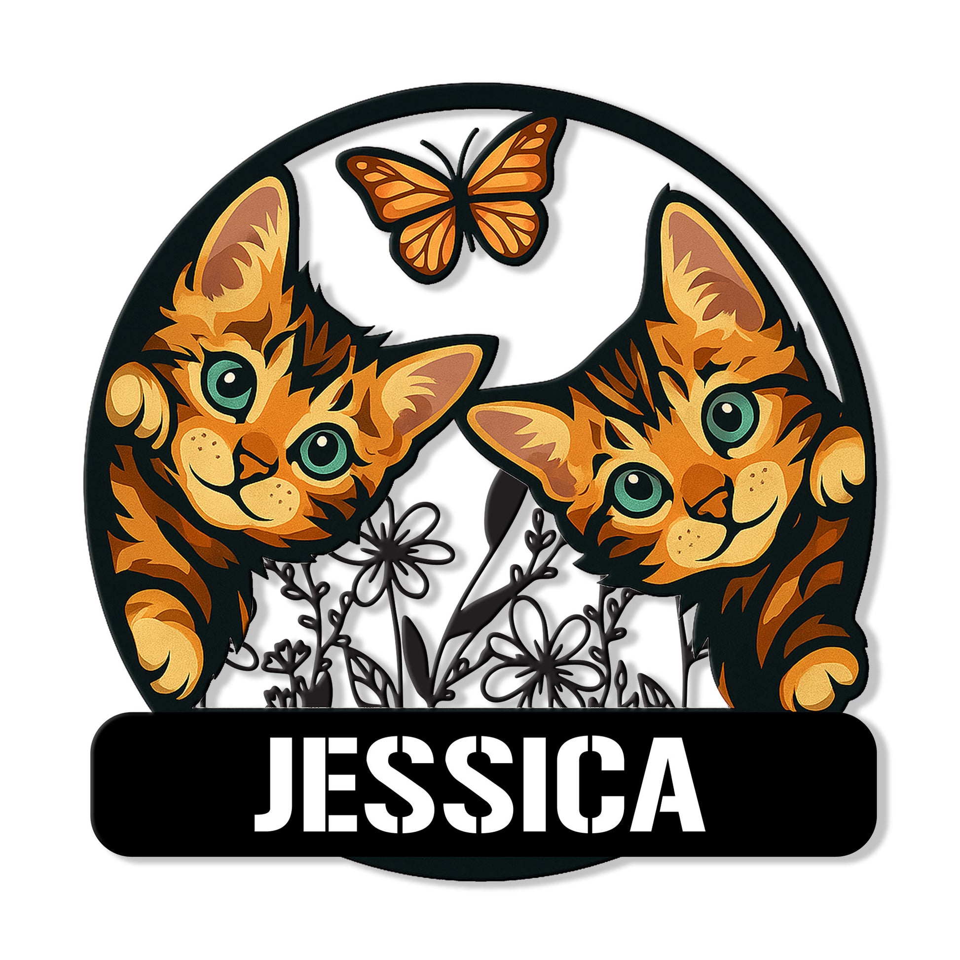 Custom Bengal cat metal sign featuring two orange spotted cats, a butterfly, and floral accents