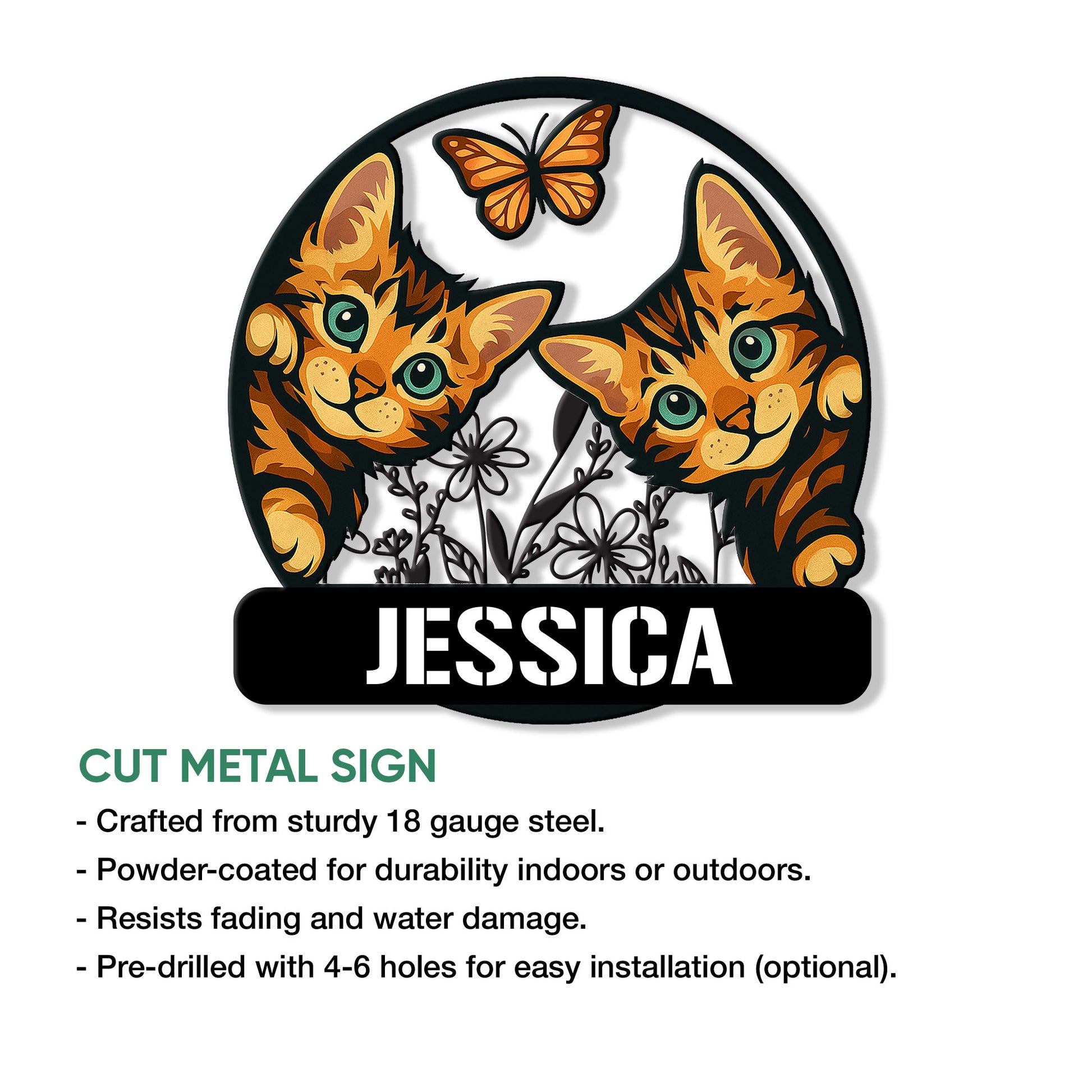 Bengal cat metal sign feature graphic showing two illustrated cats, a butterfly, and floral accents
