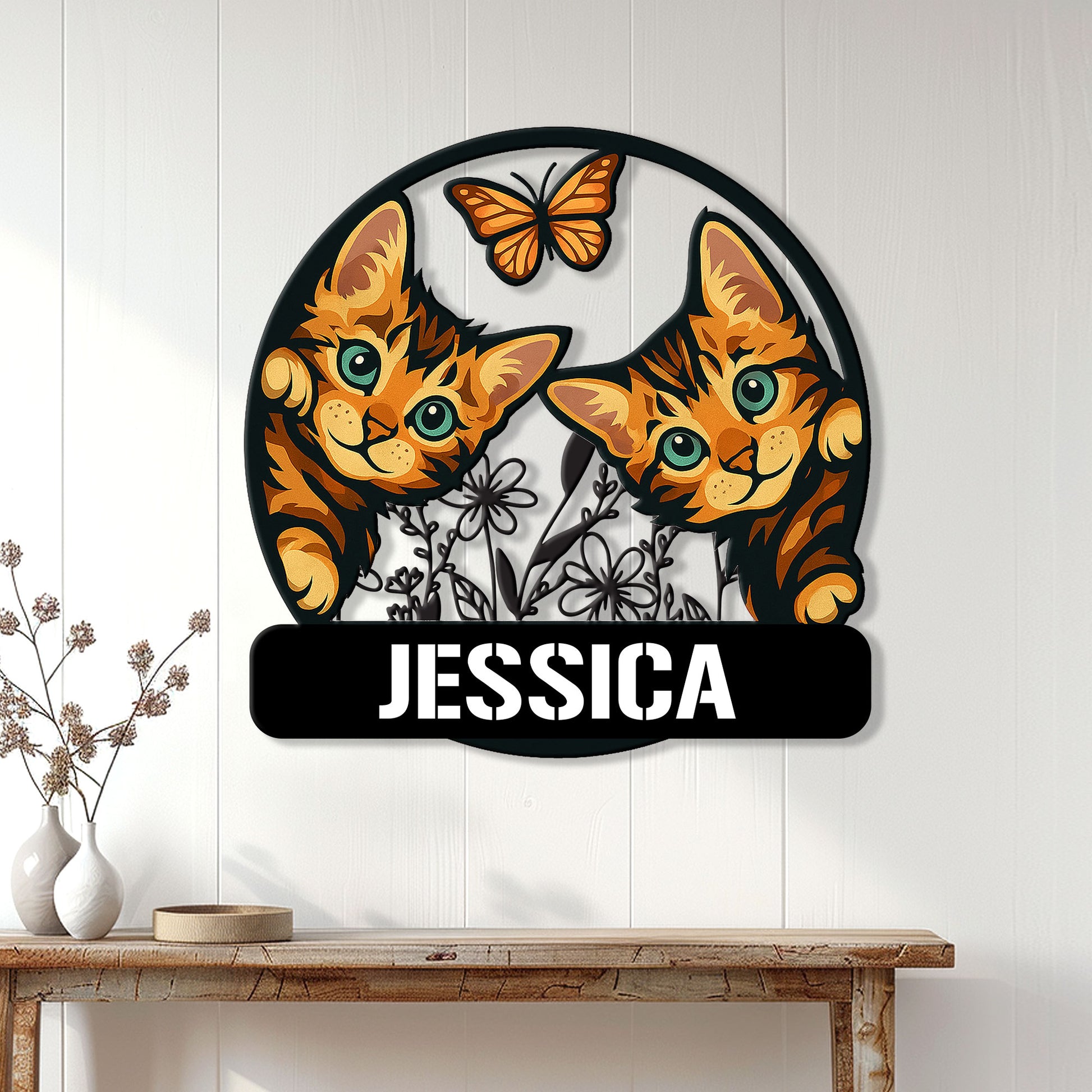 Bengal cat wall decor displayed on a light paneled wall above a console table