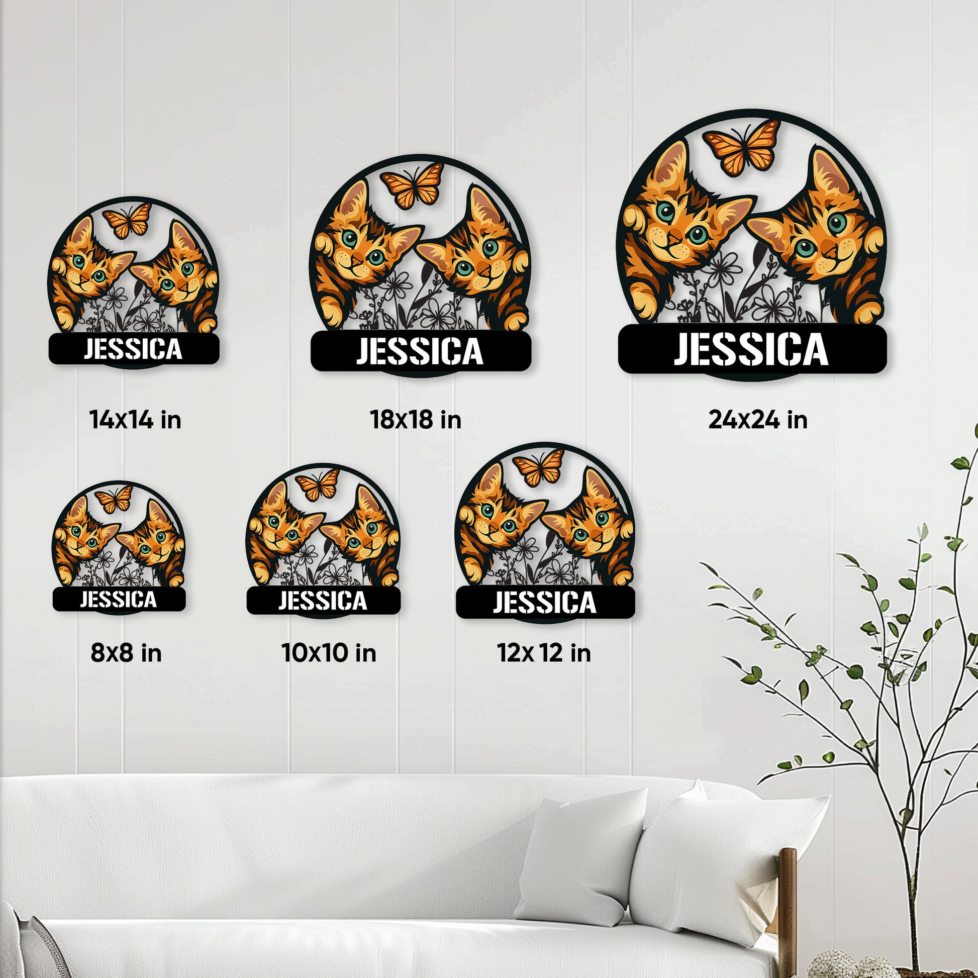 Bengal cat metal sign size guide showing available sizes from 8 by 8 to 24 by 24 inches