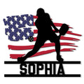 Custom pickleball metal sign featuring a player silhouette, ball, paddle, and patriotic flag design