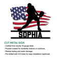 Pickleball metal sign with a dynamic player silhouette and patriotic flag artwork shown in a product feature graphic