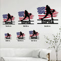 Pickleball metal sign size guide showing six square size options in a home wall setting