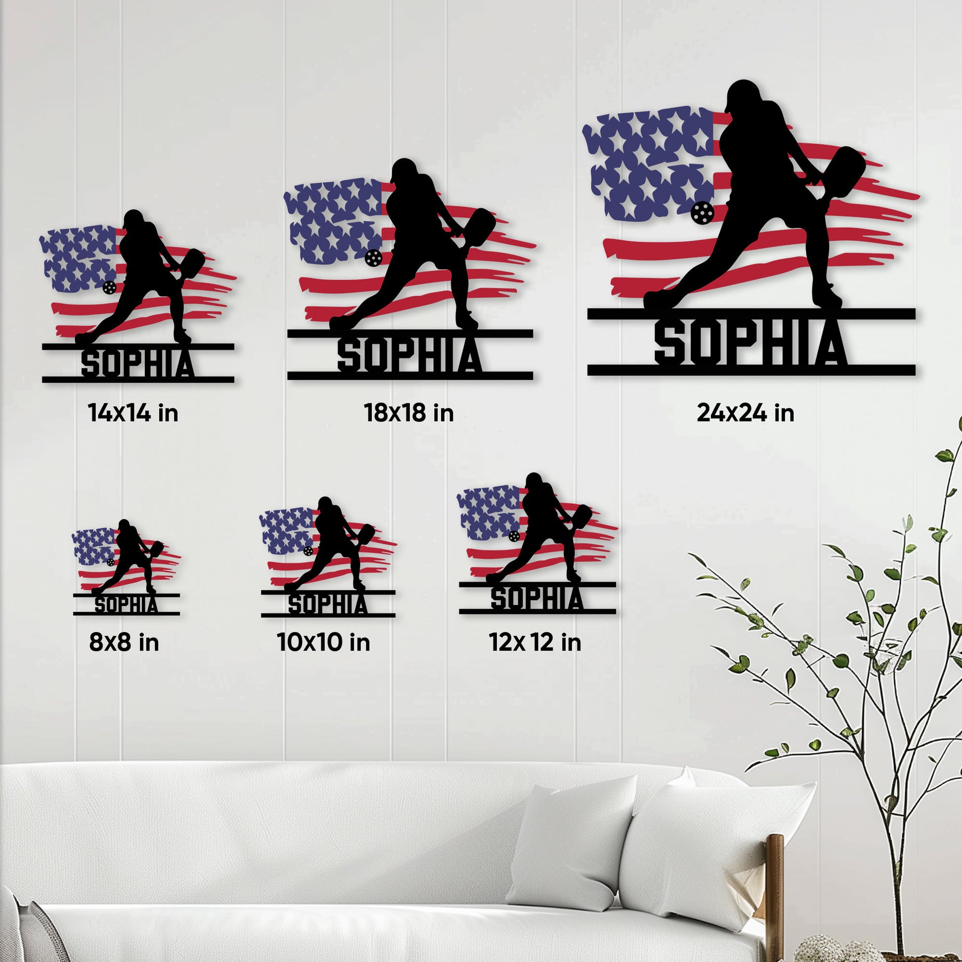 Pickleball metal sign size guide showing six square size options in a home wall setting