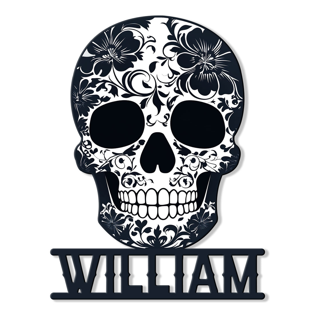 Floral sugar skull metal sign with ornate flowers, scrolling details, and a bold cutout base