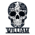 Floral sugar skull metal sign with ornate flowers, scrolling details, and a bold cutout base