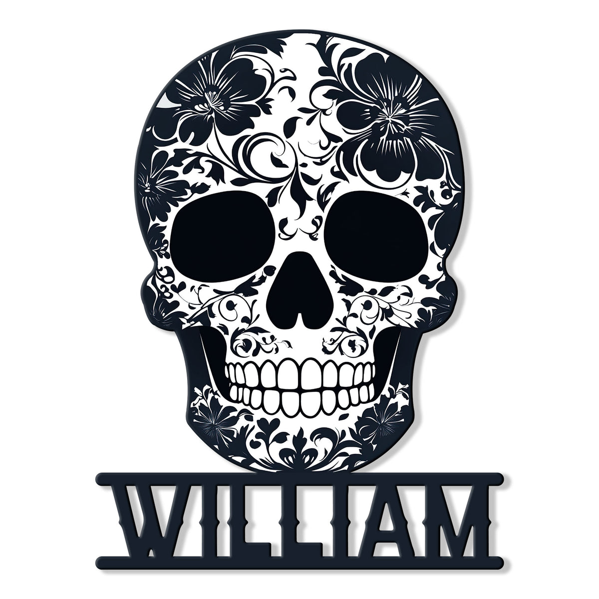 Floral sugar skull metal sign with ornate flowers, scrolling details, and a bold cutout base
