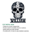 Cut metal sugar skull sign shown with an overview of its design and product features