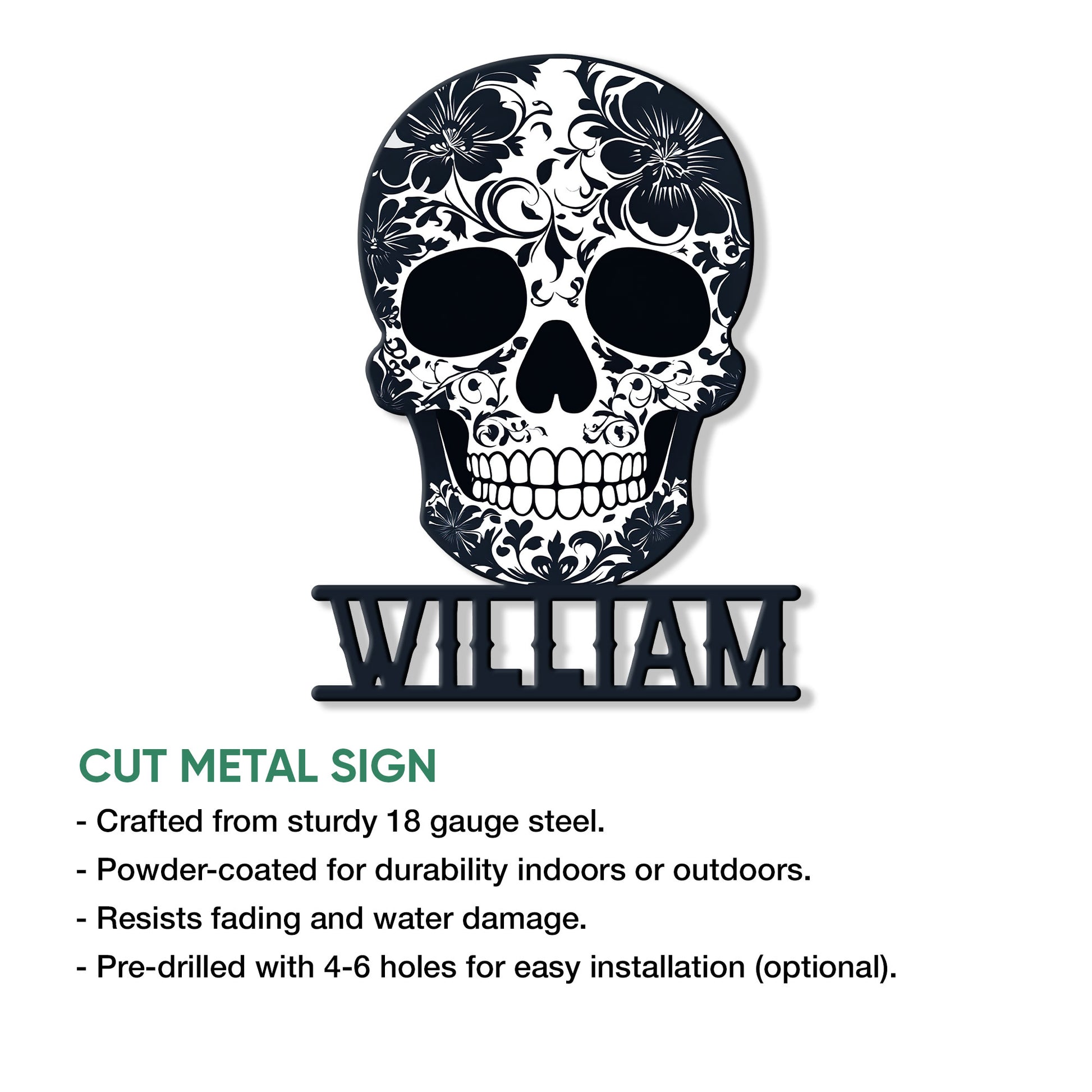 Cut metal sugar skull sign shown with an overview of its design and product features