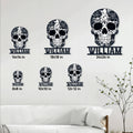 Floral sugar skull sign shown in multiple size options on a bright living room wall