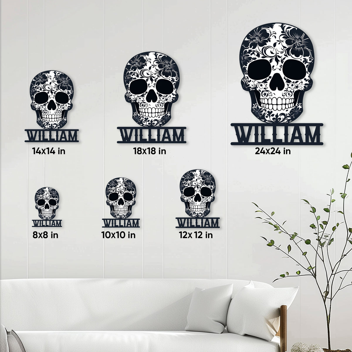 Floral sugar skull sign shown in multiple size options on a bright living room wall