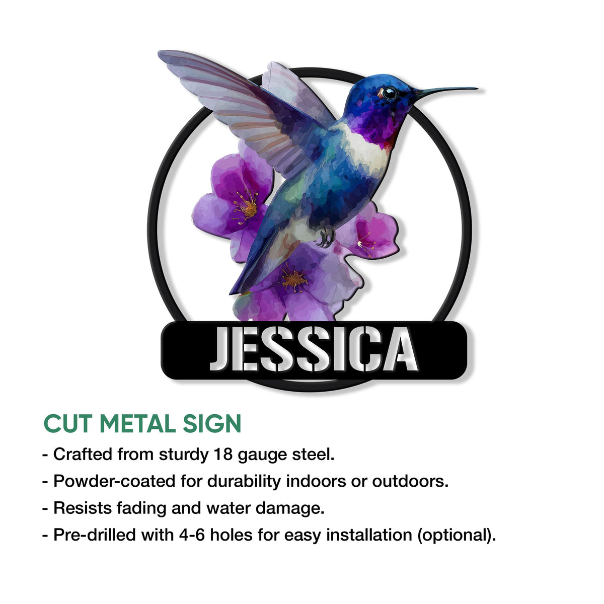 Hummingbird metal sign product feature graphic showing floral artwork and cut metal sign presentation