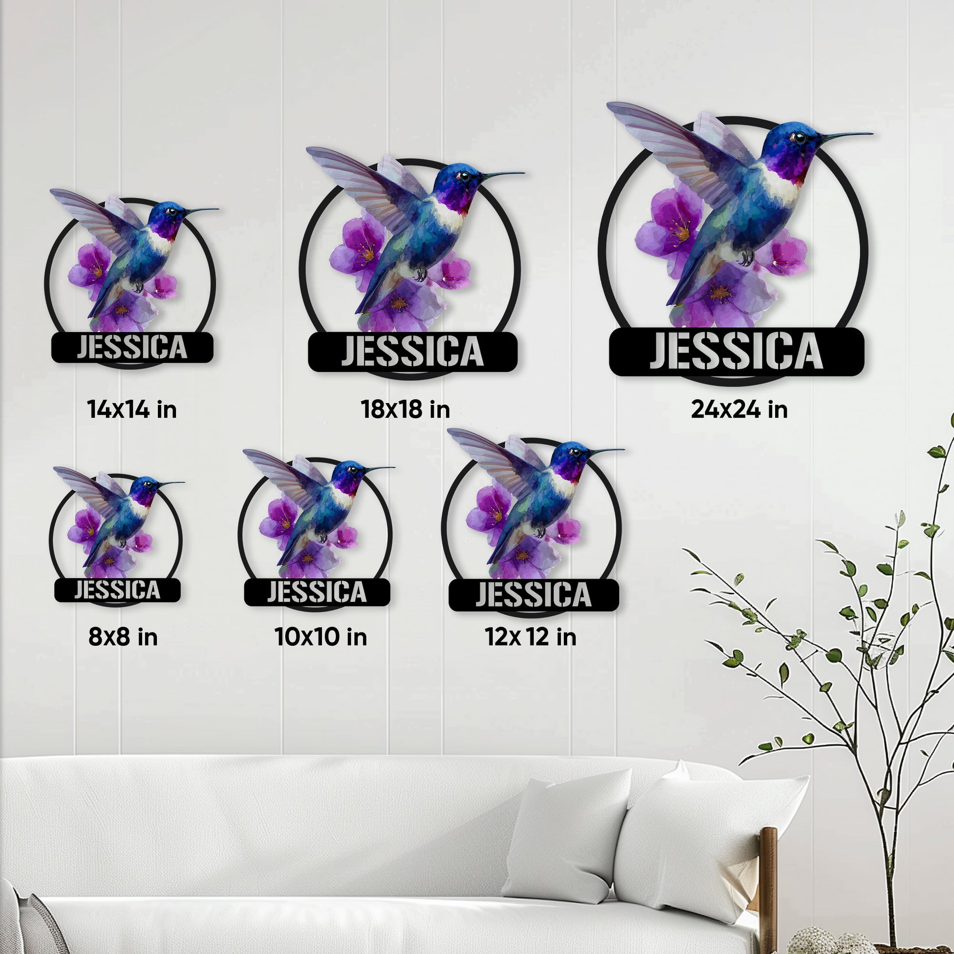 Hummingbird metal sign size guide displaying 8, 10, 12, 14, 18, and 24 inch options