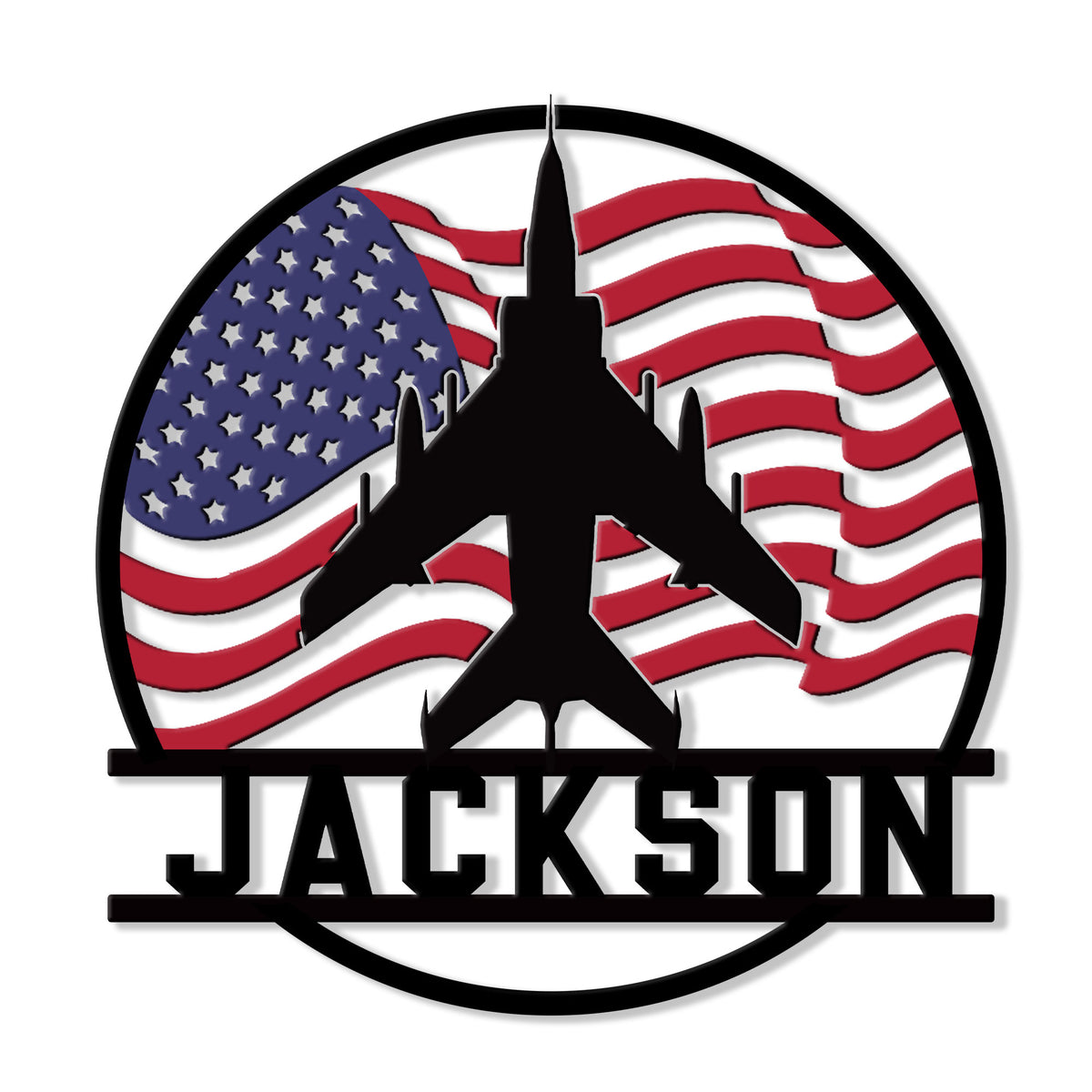 Pilot metal sign featuring a black airplane silhouette over a waving American flag design