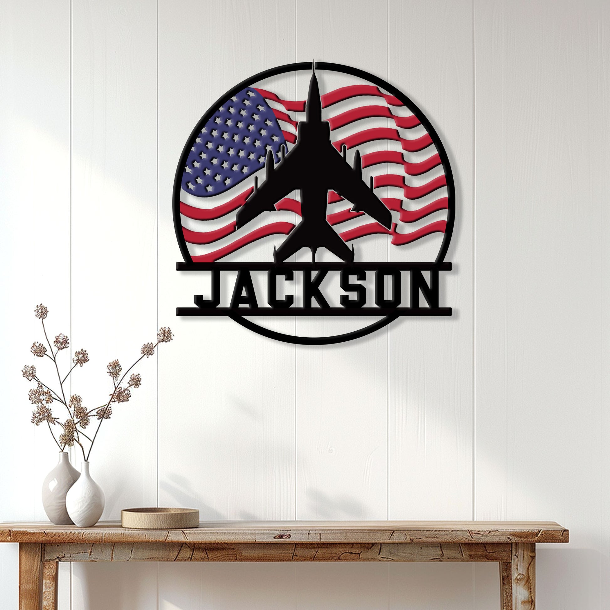 Pilot wall sign displayed above a console table in a bright home entryway