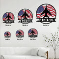 Pilot metal sign size guide showing six available square dimensions on a living room wall