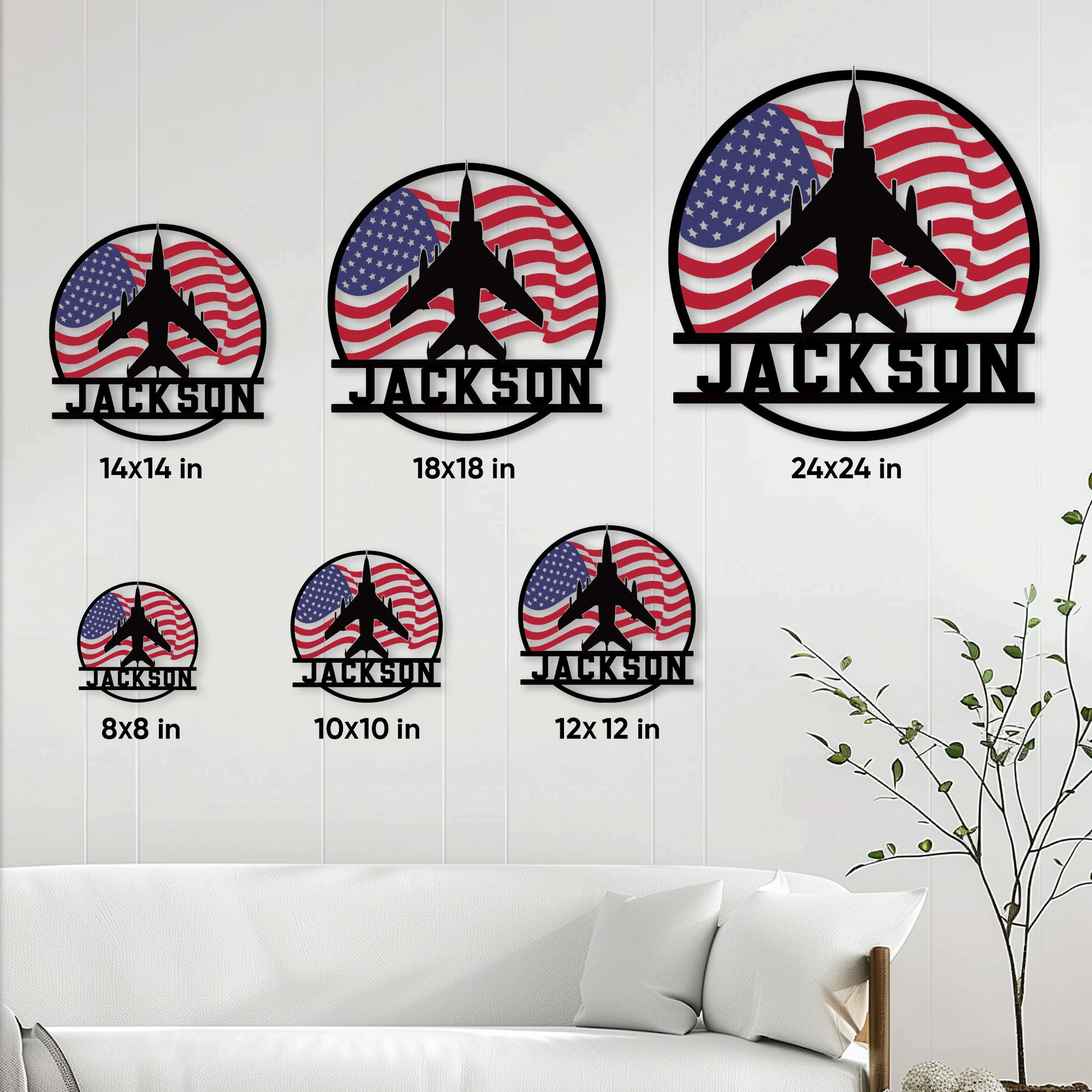 Pilot metal sign size guide showing six available square dimensions on a living room wall