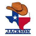 Texas-shaped metal sign featuring a cowboy hat and bold Western-inspired design