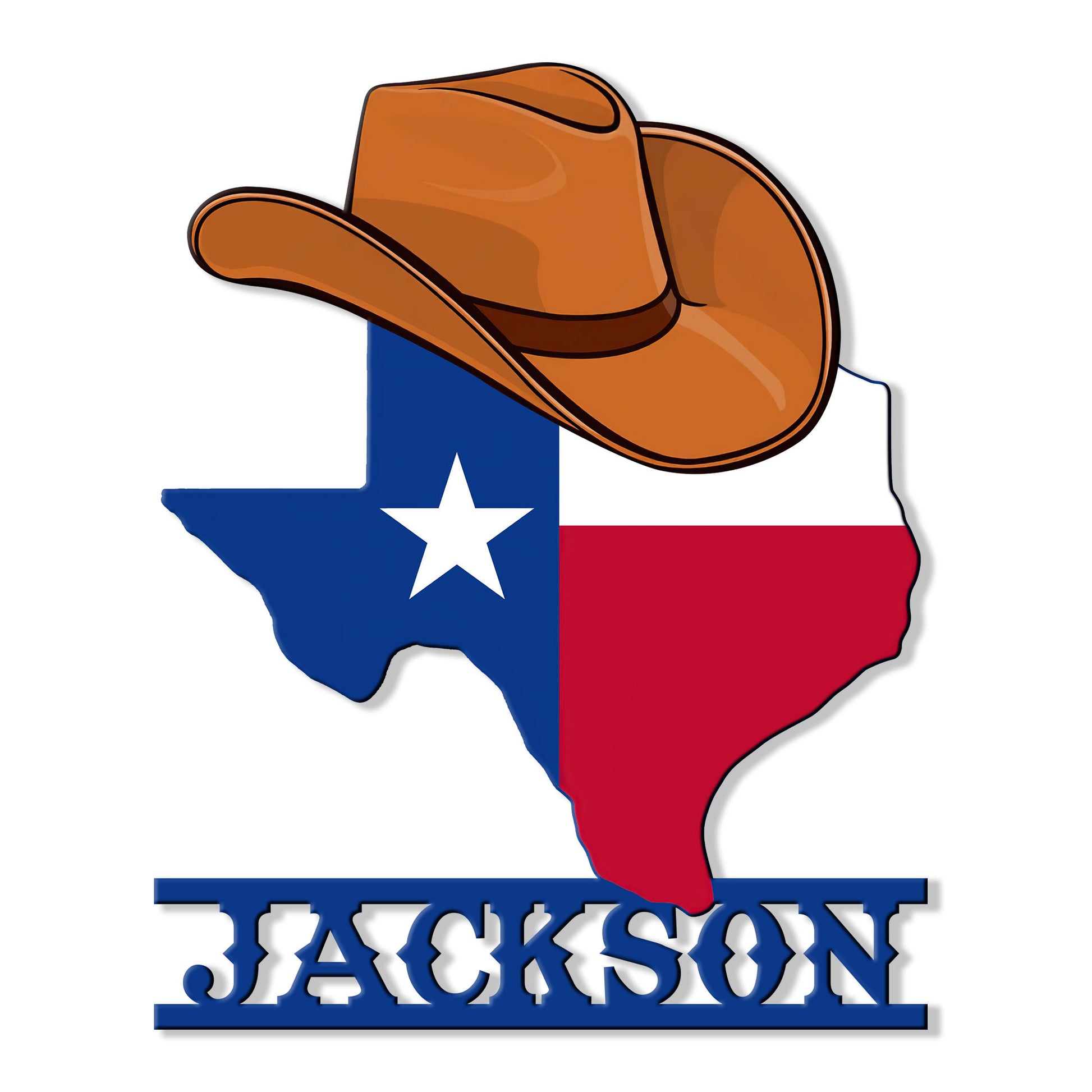 Texas-shaped metal sign featuring a cowboy hat and bold Western-inspired design