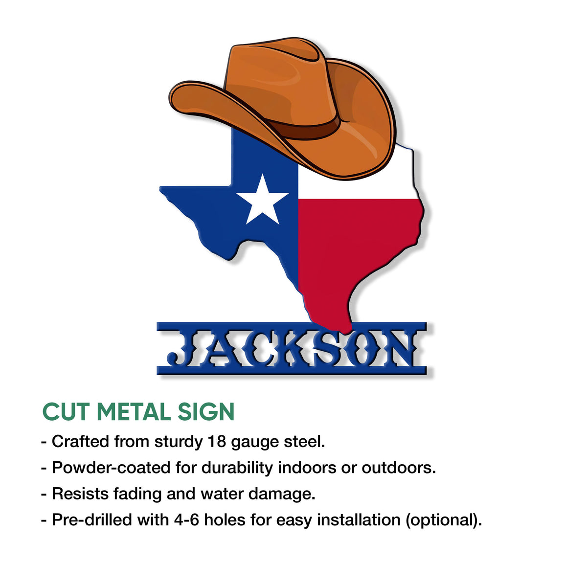 Texas cowboy hat metal sign shown with a cut-metal sign feature presentation