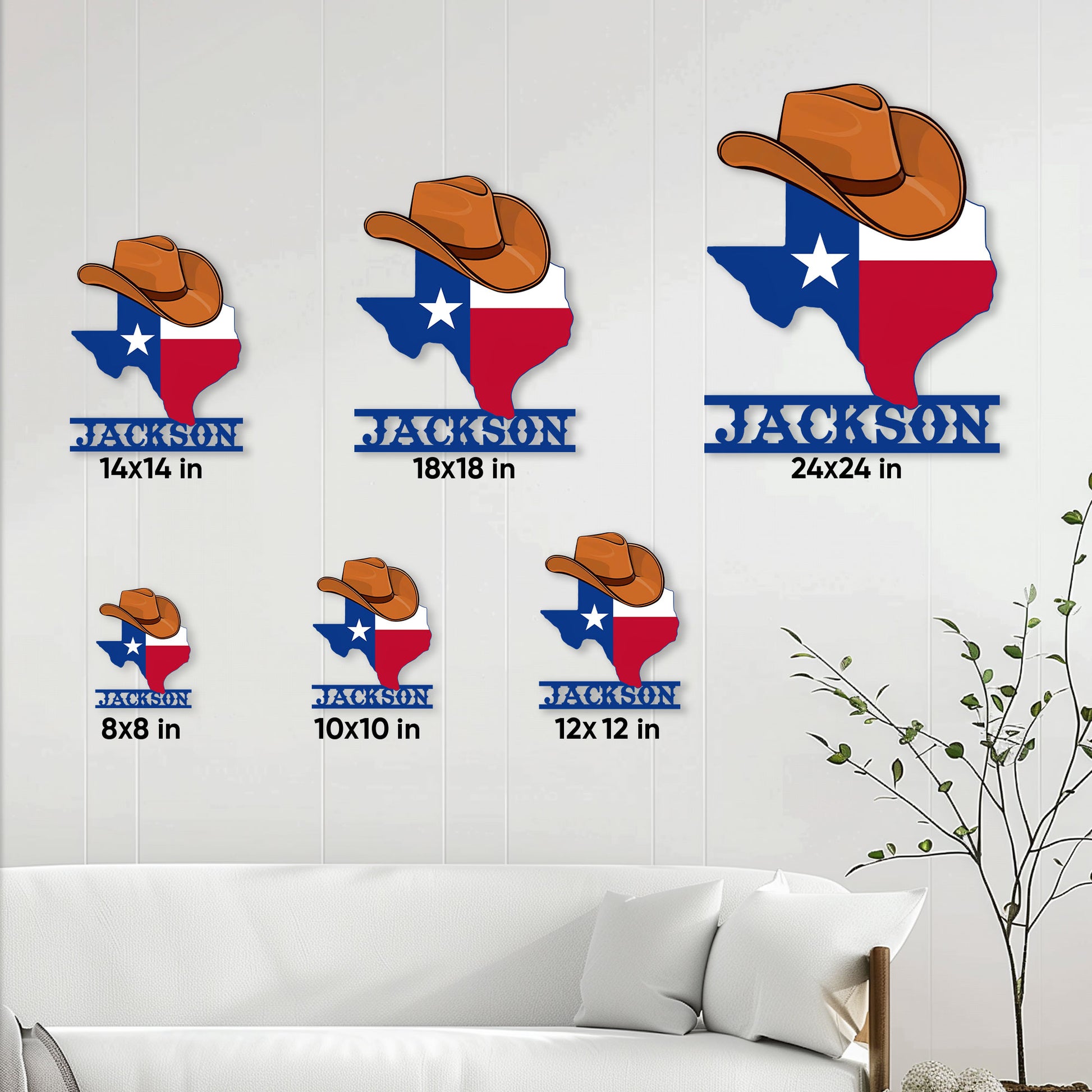 Texas cowboy hat metal sign shown in multiple size options for home wall decor