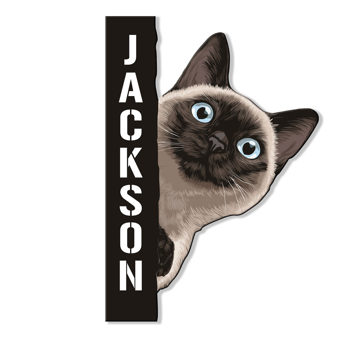 Siamese cat metal sign featuring a realistic peeking cat portrait with bright blue eyes