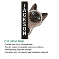 Siamese cat cut metal sign shown in a product feature infographic