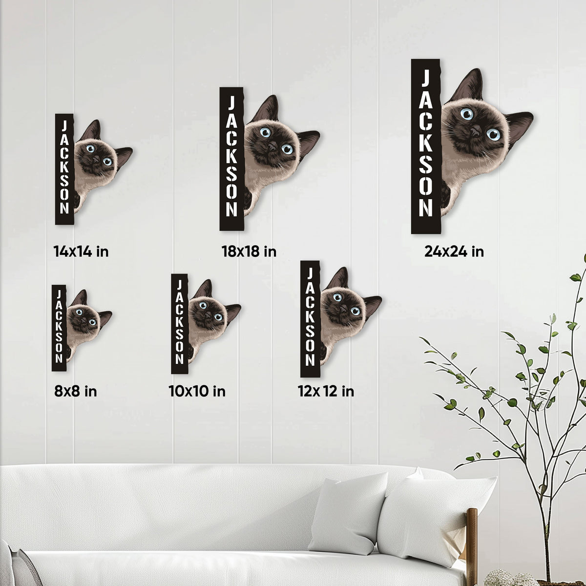 Siamese cat metal sign size guide showing available square dimensions from 8 by 8 to 24 by 24 inches